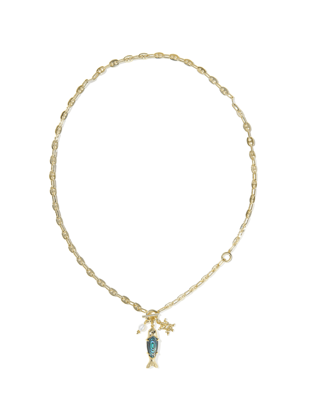 A delicate gold chain necklace featuring a small fish pendant with a blue-green stone and a small star charm, displayed on a clean white background.