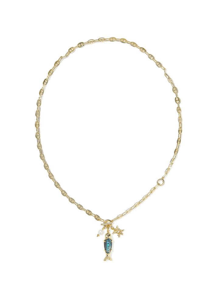 A delicate gold chain necklace featuring a small fish pendant with a blue-green stone and a small star charm, displayed on a clean white background.