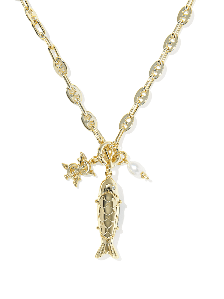 Gold chain necklace with a fish pendant, a small starfish charm, and a pearl bead accent, shown on a plain white background.