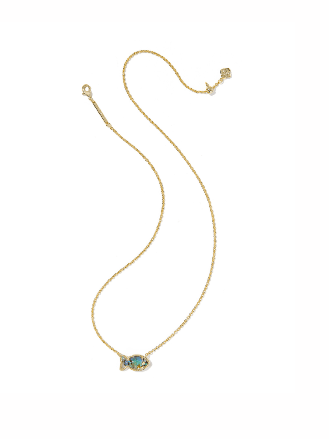 A delicate gold chain necklace featuring a small fish-shaped pendant with a turquoise-blue center stone, displayed on a clean white background.