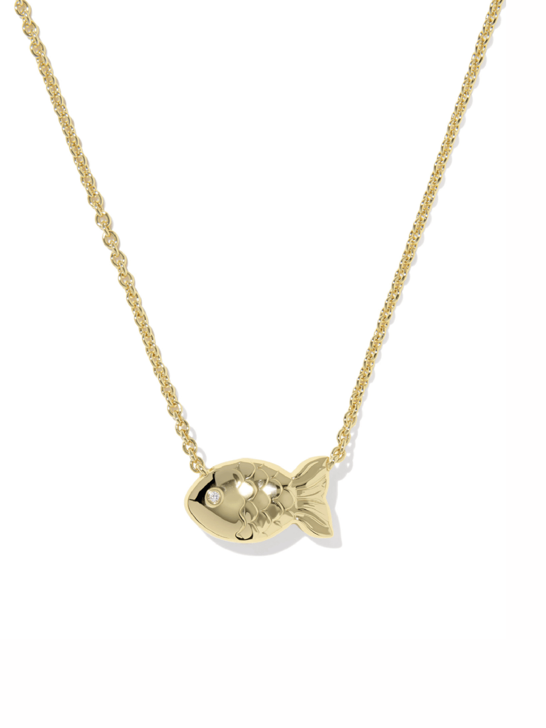 A gold fish pendant necklace on a delicate gold chain, shown against a plain white background.