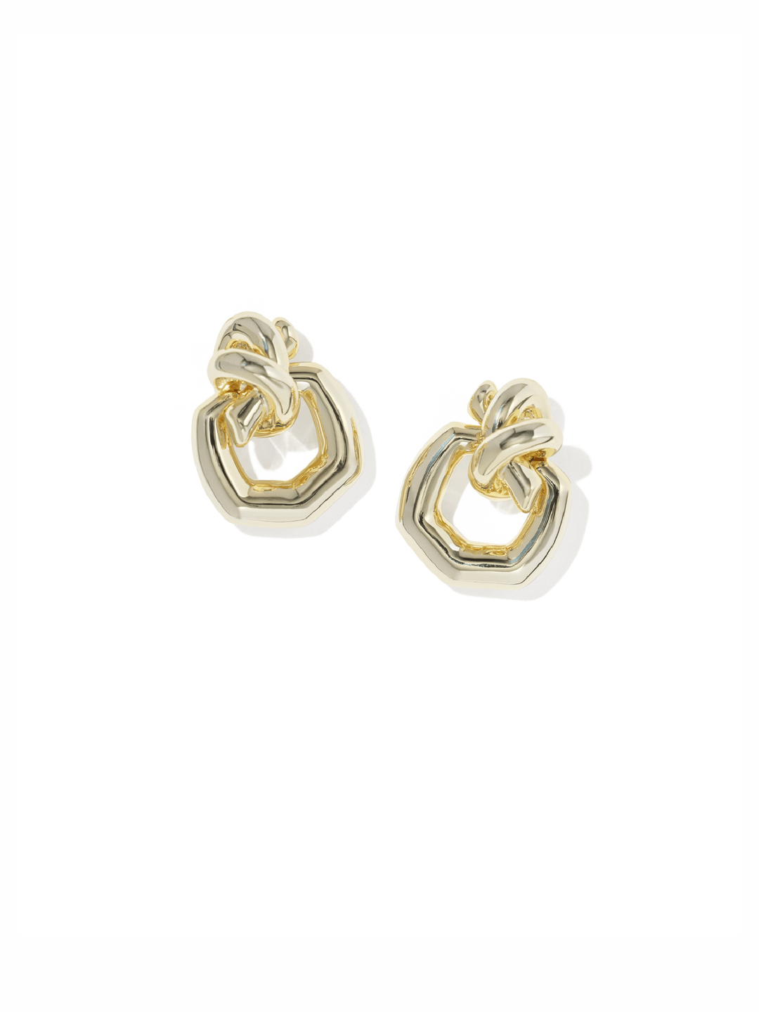 A pair of gold-toned geometric hoop earrings with a knotted top detail, shown on a plain white background.