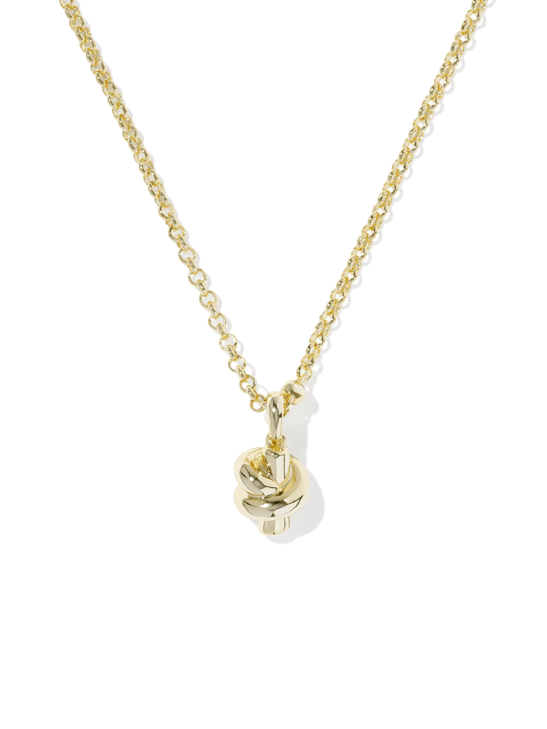 A delicate gold chain necklace featuring a small, polished gold knot pendant, displayed against a clean white background with a soft shadow.