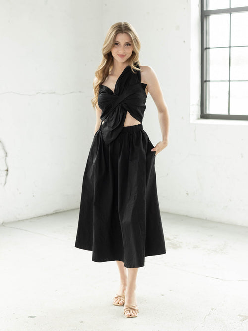 bow flower one shoulder black dress