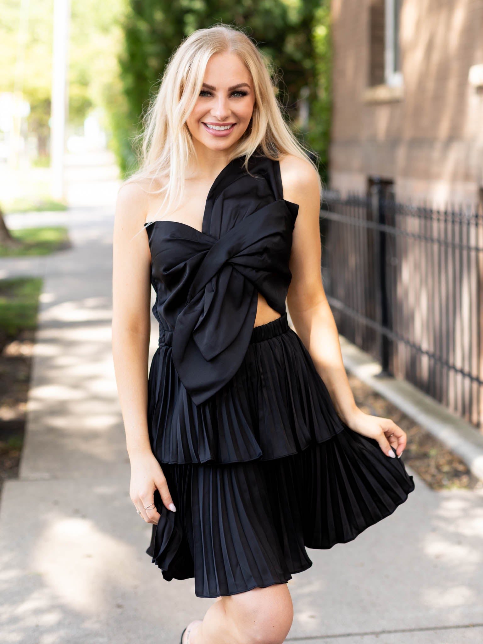 Viola Bow Pleated Dress Knotted Flower Bow Satin Pleated Dress