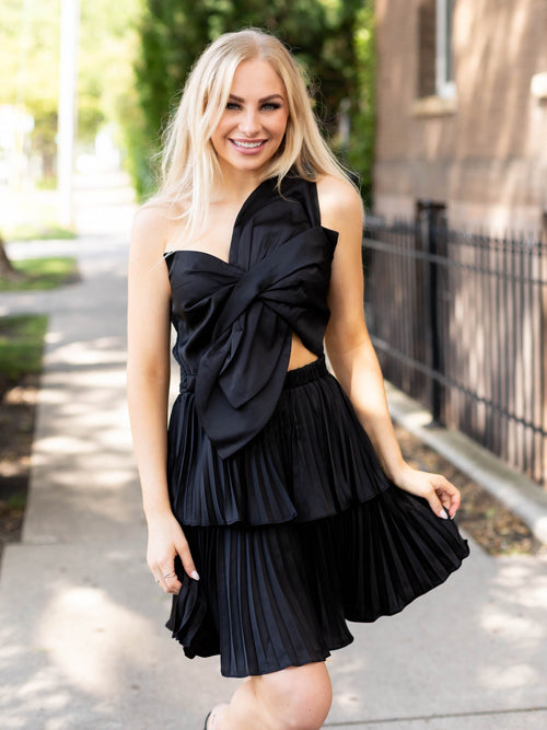 satin pleated bow mini dress