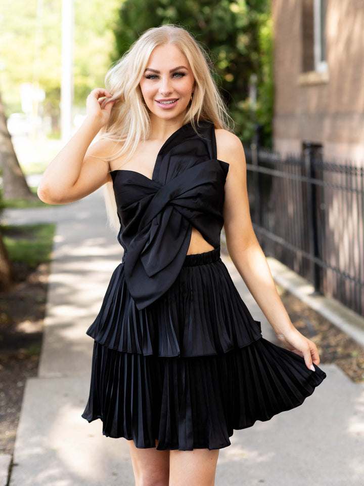 satin pleated bow mini dress