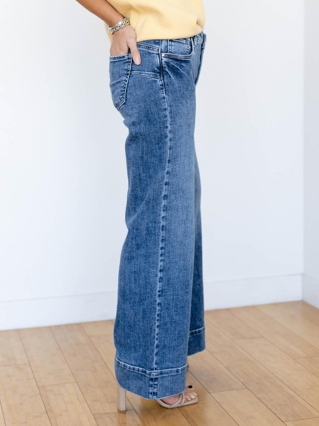 medium wash wide leg denim