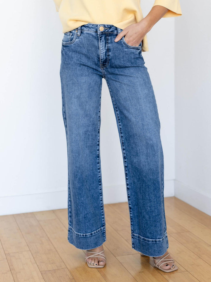 medium wash wide leg denim