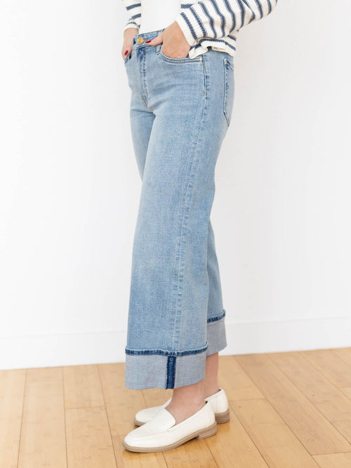medium wash high rise cuffed wide leg denim