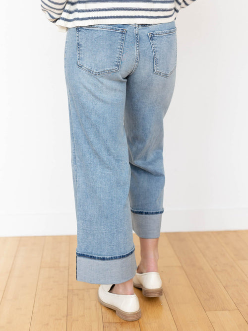medium wash high rise cuffed wide leg denim