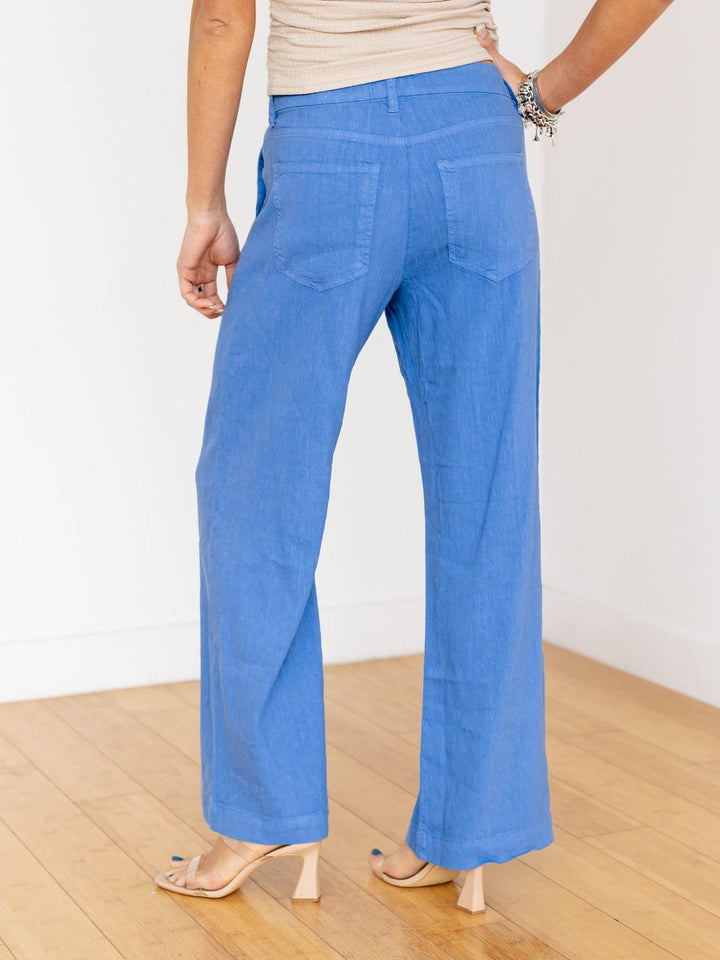 bright blue wide leg linen pants