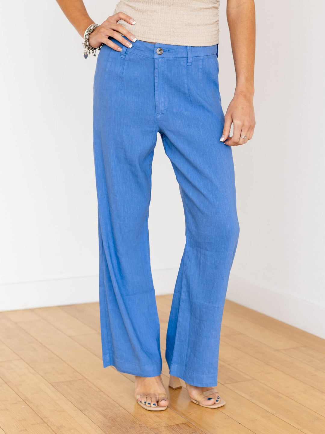 bright blue wide leg linen pants