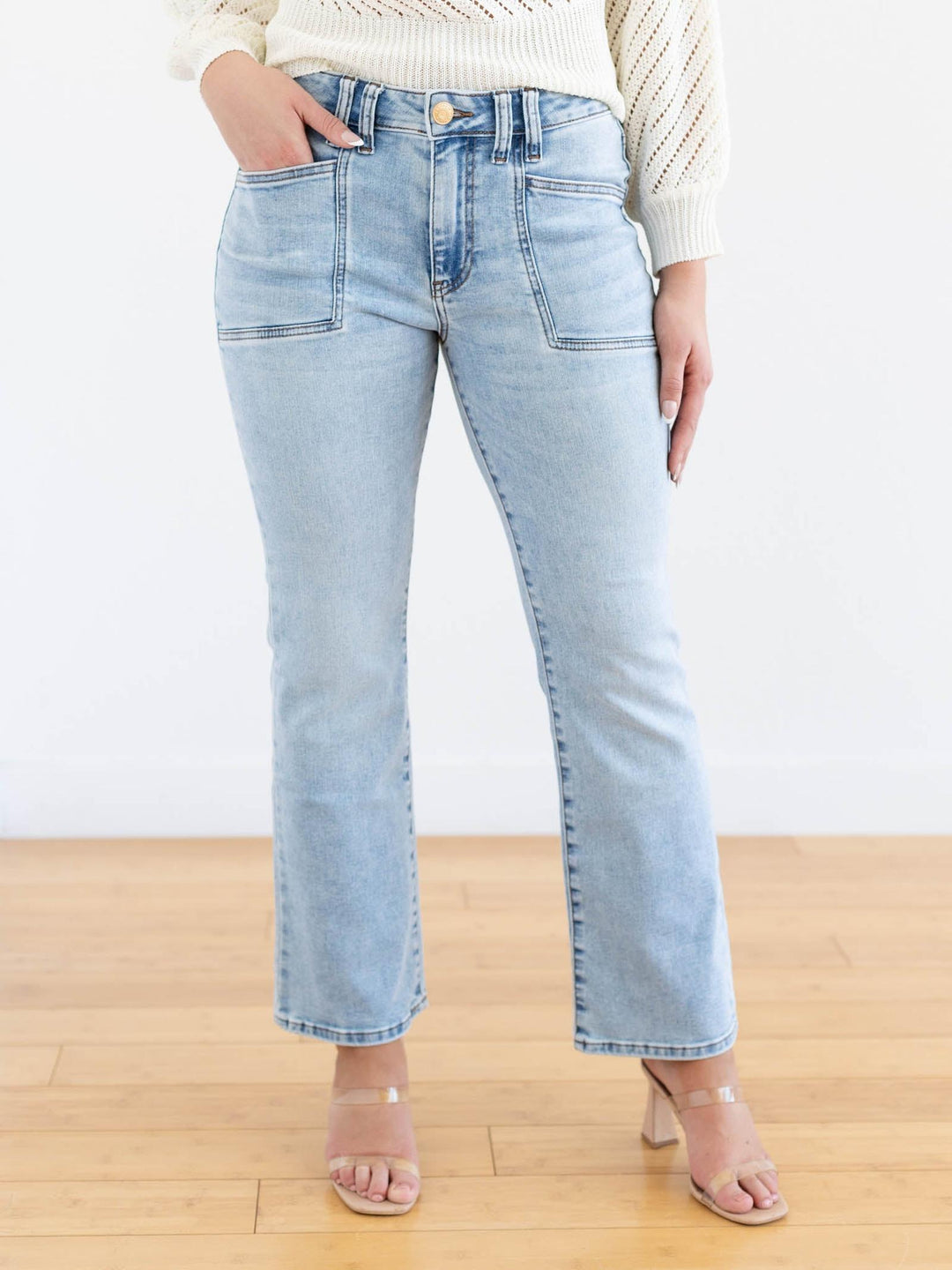 utility pocket light wash denim