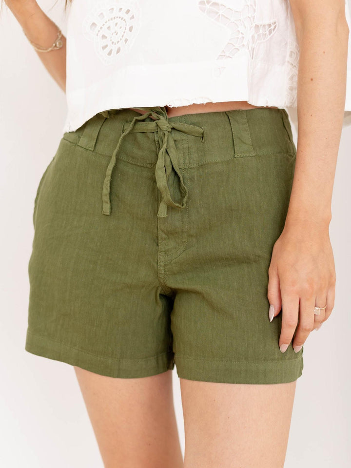 green drawstring linen shorts