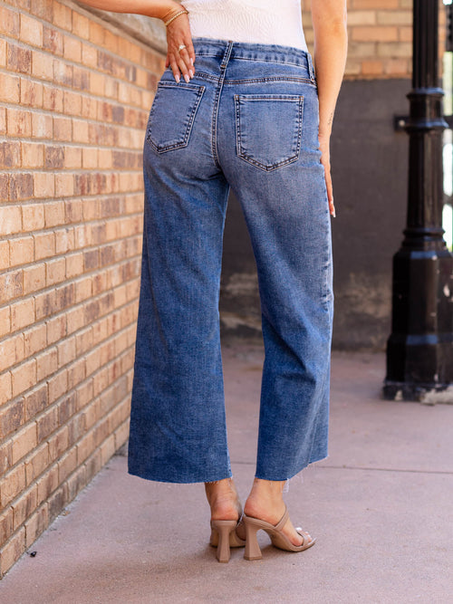 wide leg ankle frayed denim
