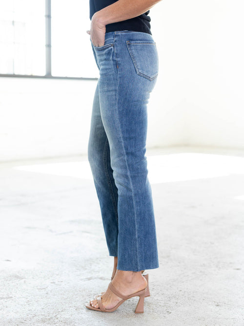 slim wide leg ankle raw hem denim