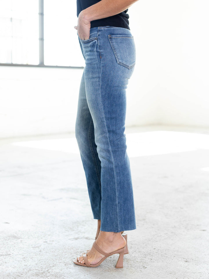 slim wide leg ankle raw hem denim