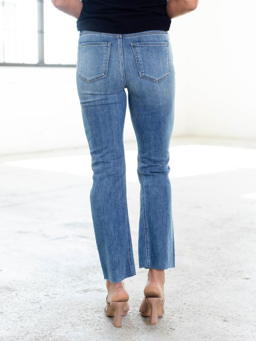 slim wide leg ankle raw hem denim