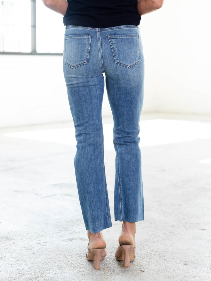 slim wide leg ankle raw hem denim