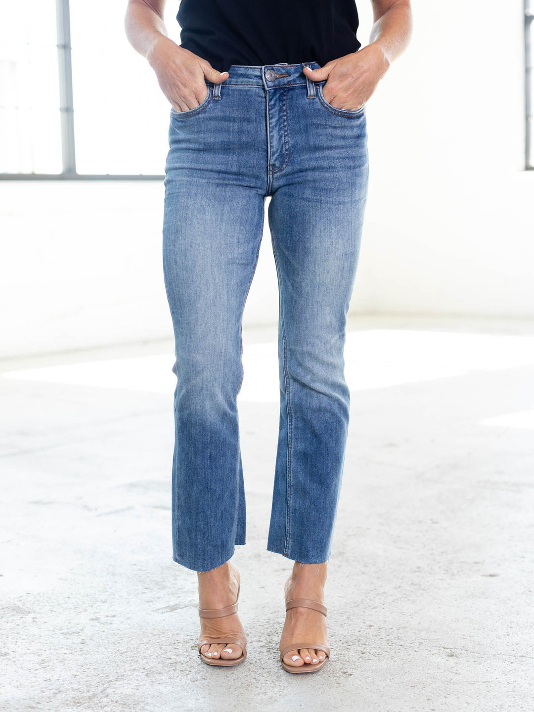 slim wide leg ankle raw hem denim