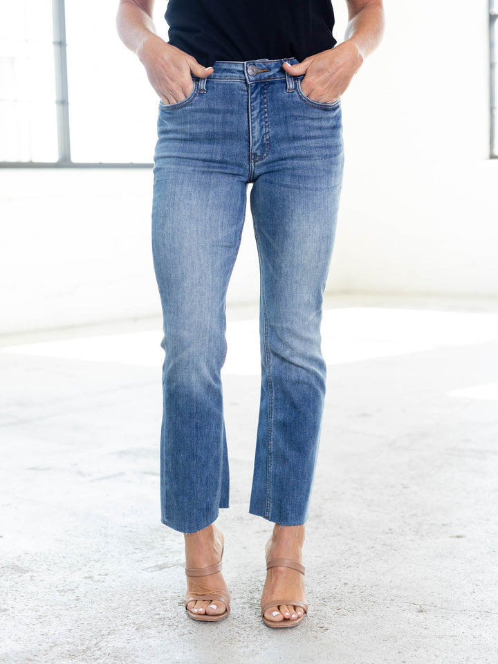 slim wide leg ankle raw hem denim