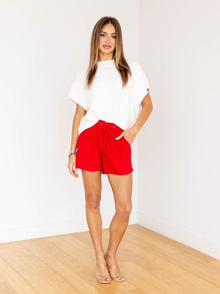 red drawstring linen shorts