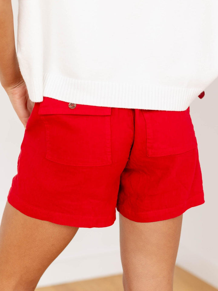 red drawstring linen shorts