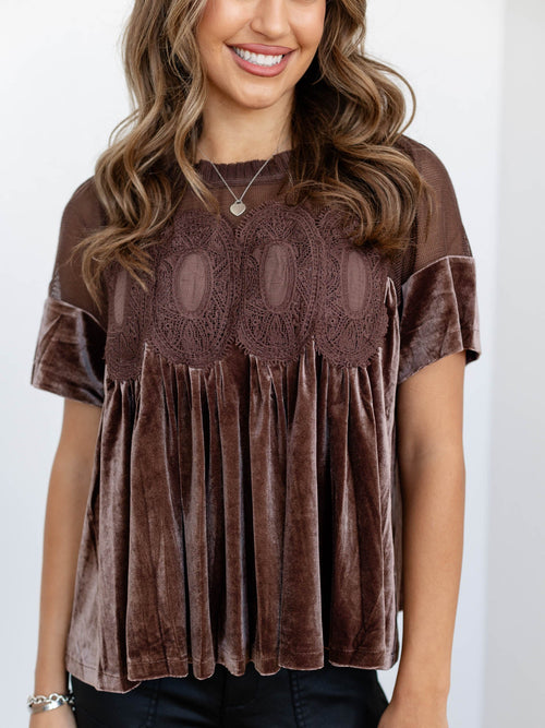 brown velvet lace flowy top