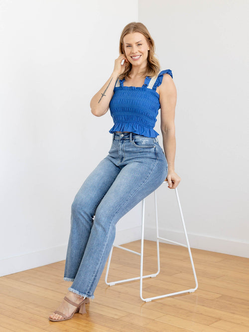 blue crochet trim smocked tank
