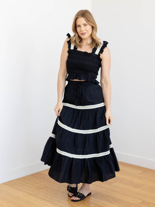 black crochet trim smocked cropped tank