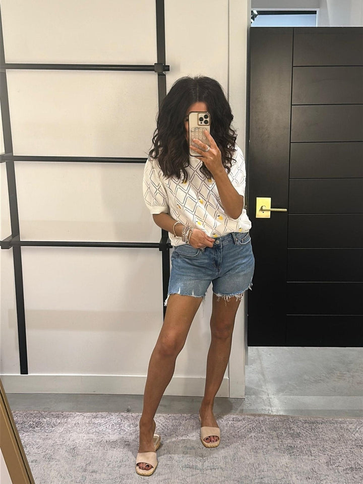lemon embroidered pointelle sweater top
