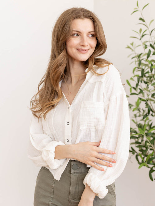 white gauze button down