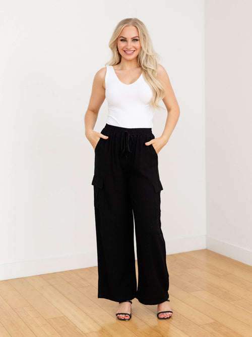 black cargo linen pant