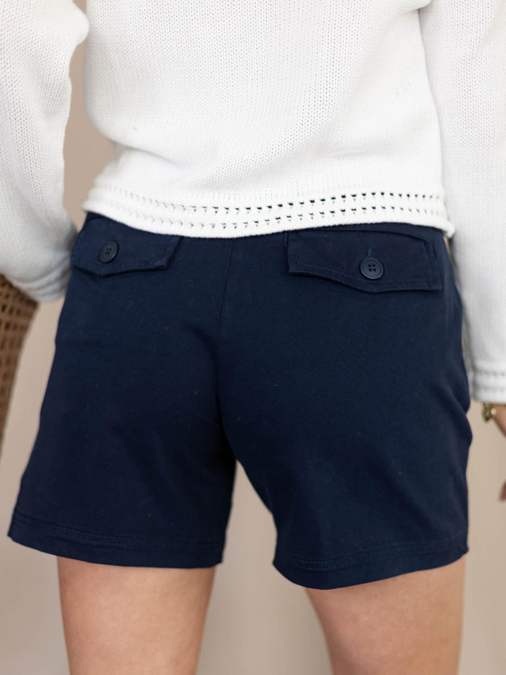 navy blue pleated shorts