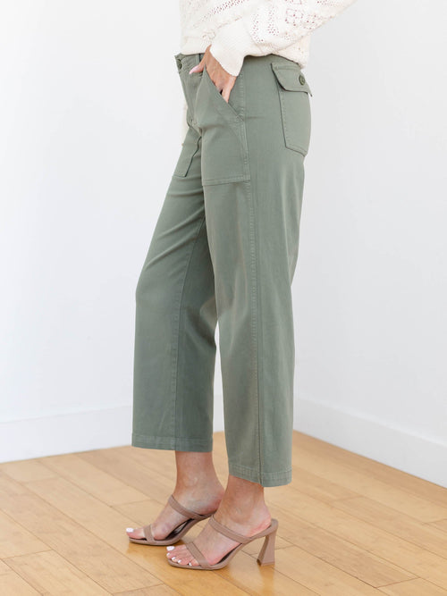 olive green cropped wide leg cargo pant