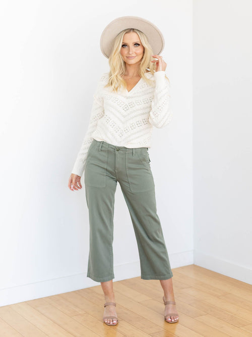 olive green cropped wide leg cargo pant