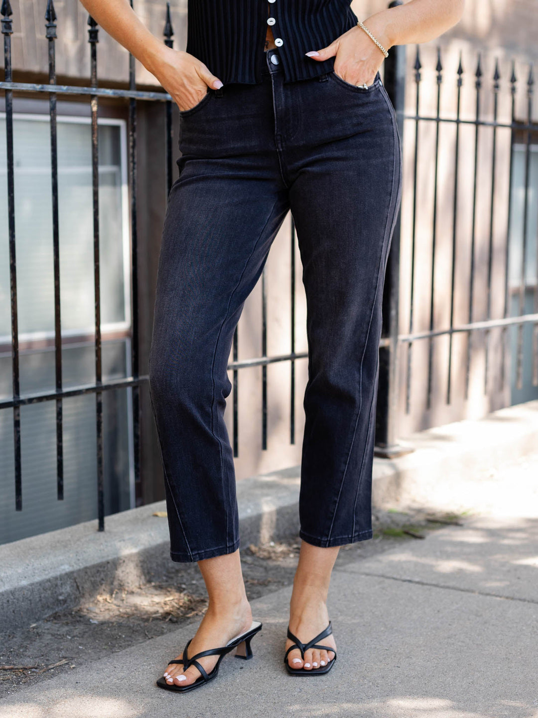 cropped washed black straight denim