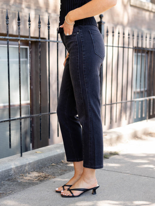 cropped washed black straight denim