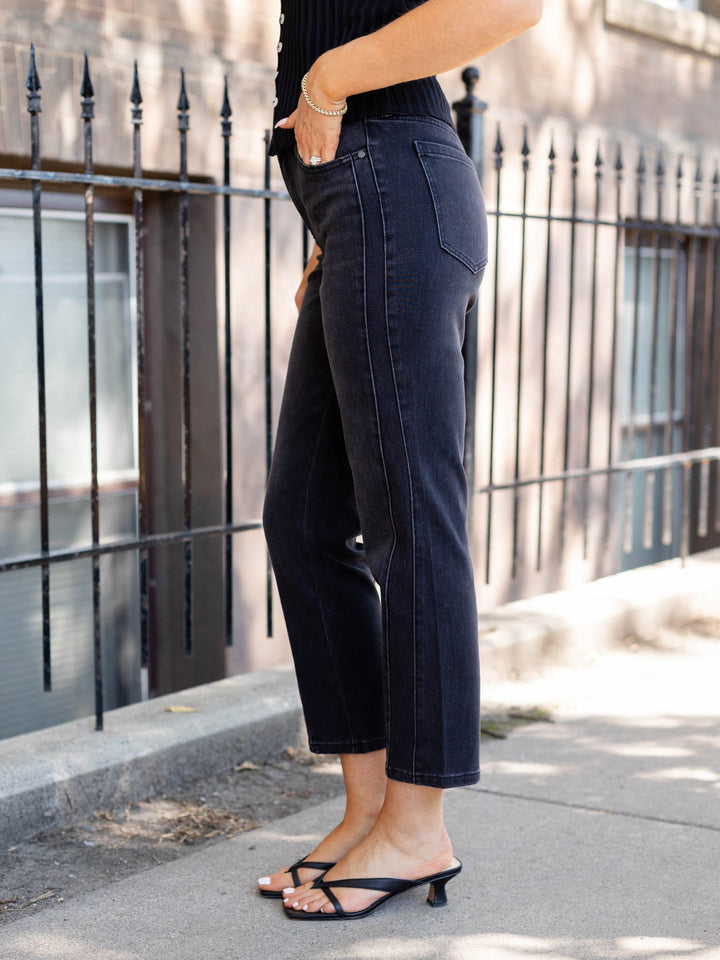 cropped washed black straight denim