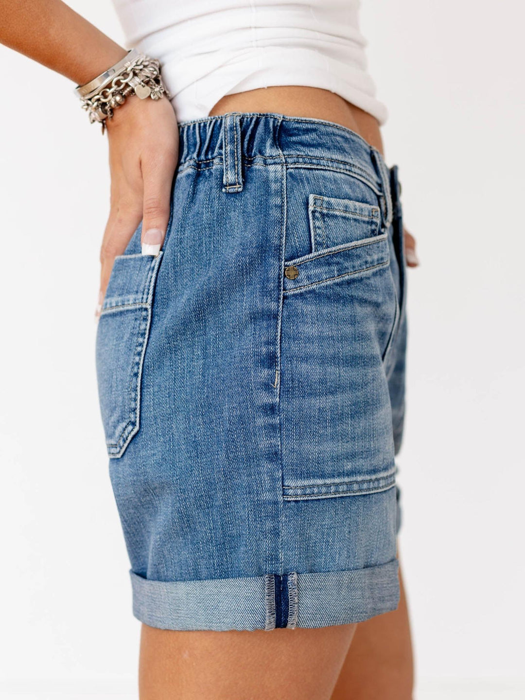 washed roll cuff denim shorts