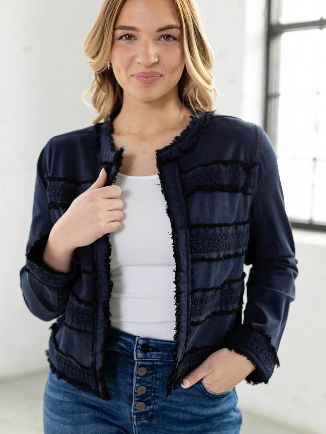 collarless fray detail jacket