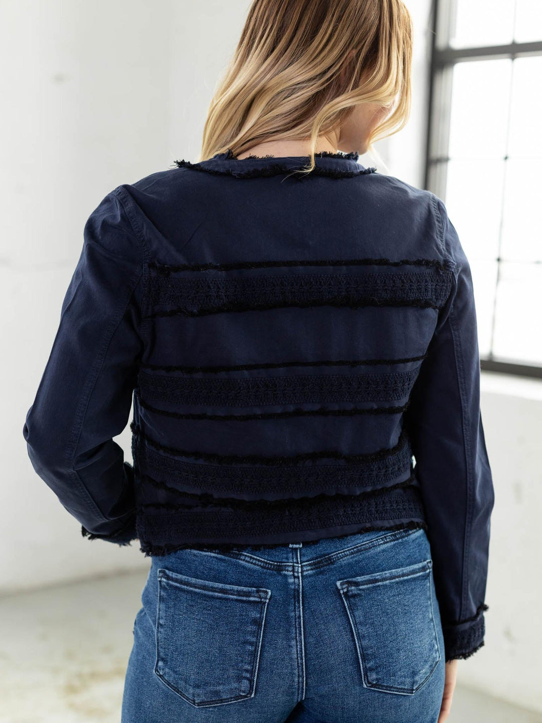 collarless fray detail jacket