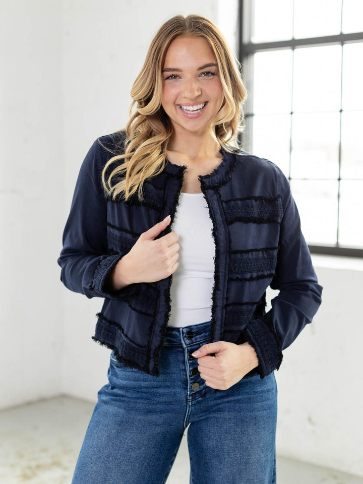 collarless fray detail jacket