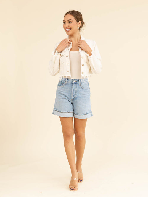 cream fray hem cropped denim jacket