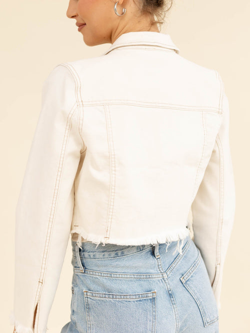 cream fray hem cropped denim jacket