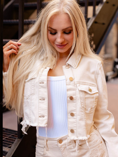 cream fray hem cropped denim jacket
