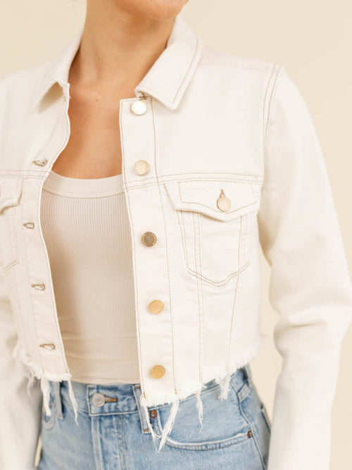 cream fray hem cropped denim jacket