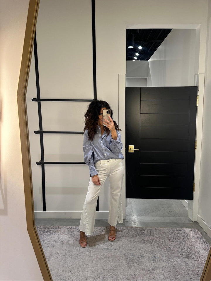 white cropped denim with front slit