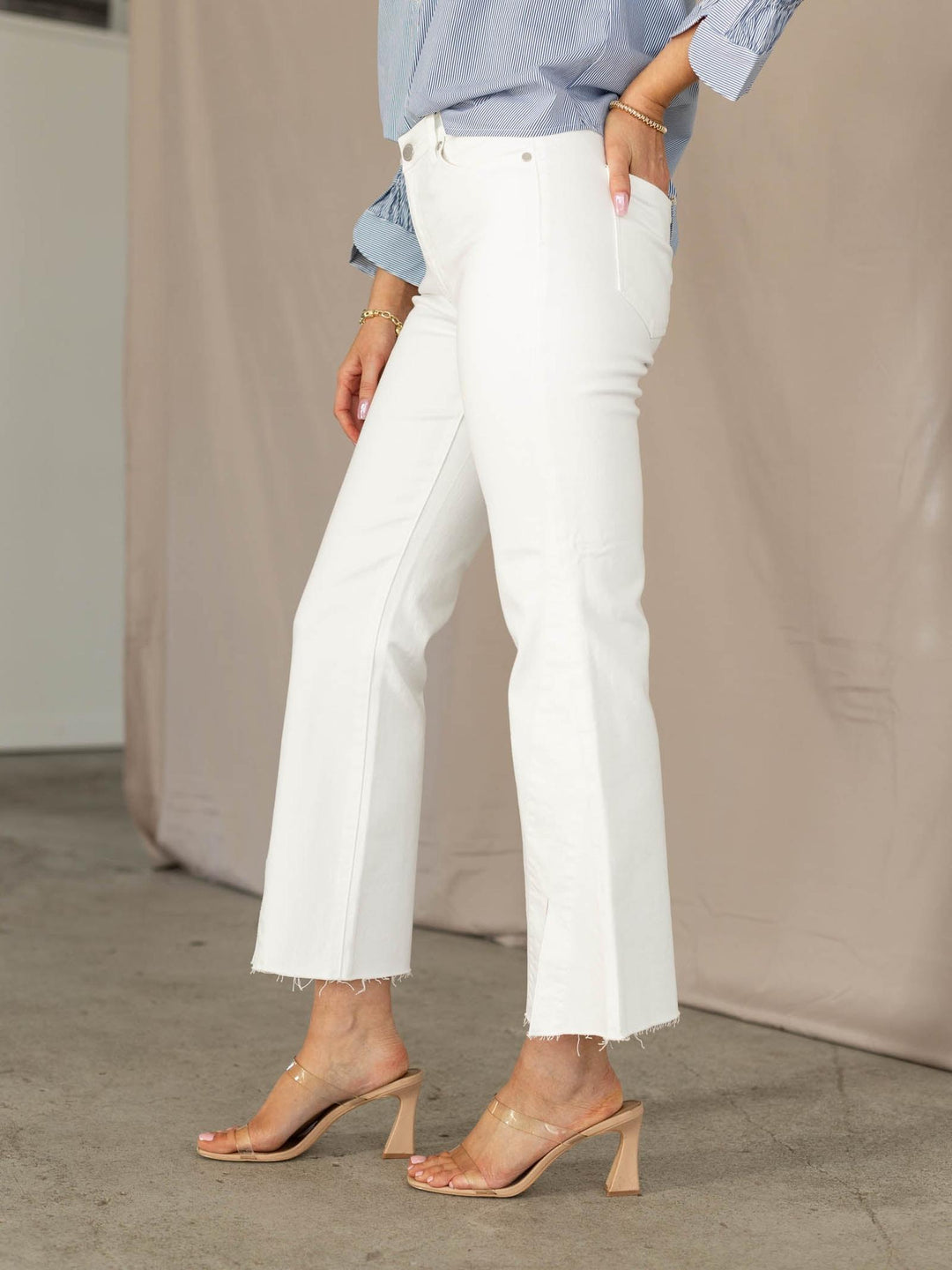 white cropped denim with front slit